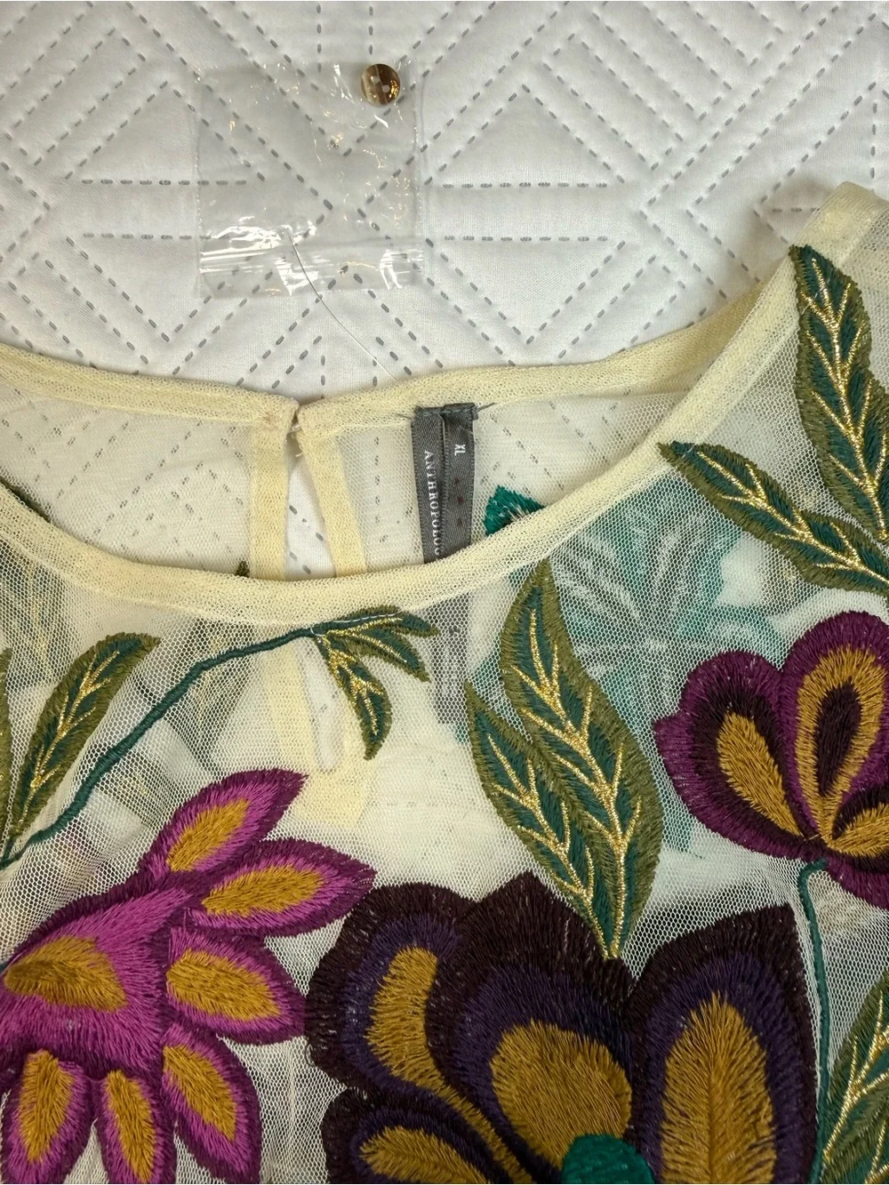 Anthropologie The Layla Floral Mesh Puff-Sleeve Appliqué Mesh Blouse Size XL
